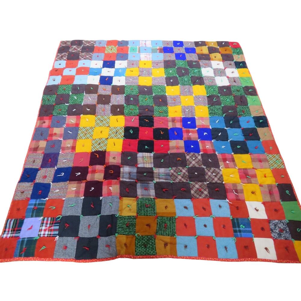 Patchwork Blanket Quilt Tied Red Calico Backing 82 x 74 Vintage